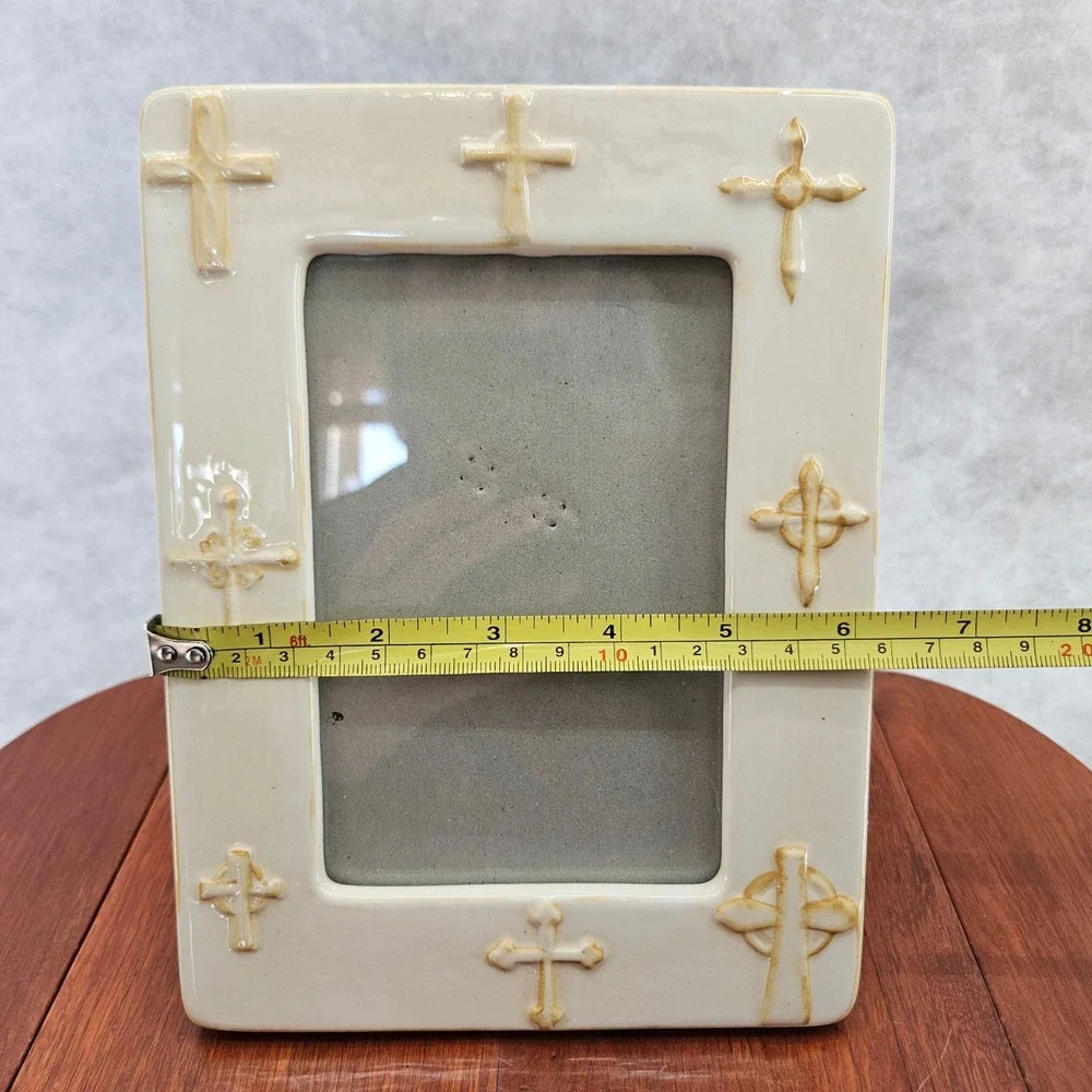 Fetco Home‎ Decor Cream Ceramic Photo Frame with Raised Cross Embellishments